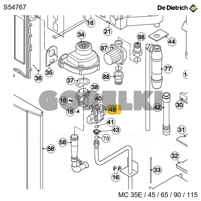 Клапан газовый VK8115V 1168 с прокладками De Dietrich S54767 для газового котла