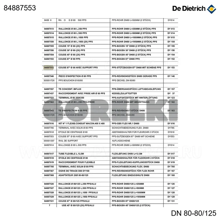 Колено PPS 87° d80 + опора dy153 De Dietrich 84887553 для газового котла