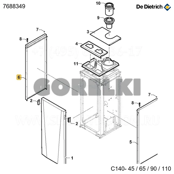 Панель боковая 45-65 белая левая De Dietrich 7688349 для газового котла