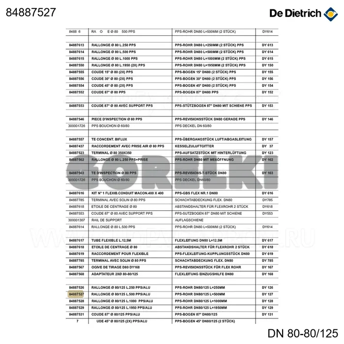 Удлинение De Dietrich D=80/125, L500 DY127 84887527 для газового котла