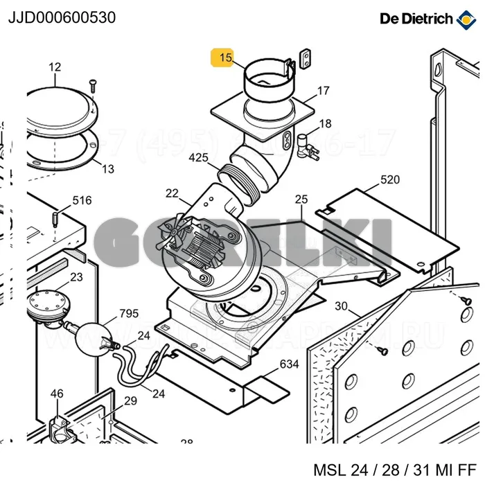 Узел муфты соединения колена D60X22 De Dietrich JJJ000600530 для газового котла