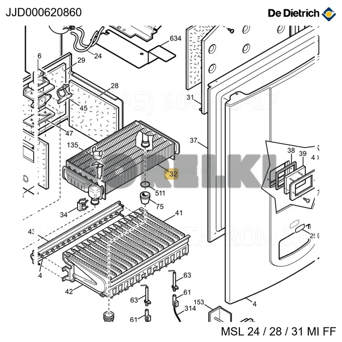 Запасной теплообменник вода/газ 24 кВт с клипсой L3 De Dietrich JJJ000620860 для газового котла