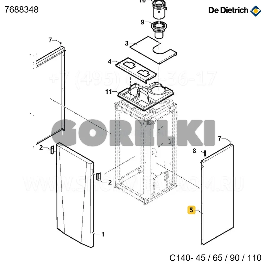 Панель боковая 45-65 белая правая De Dietrich 7688348 для газового котла