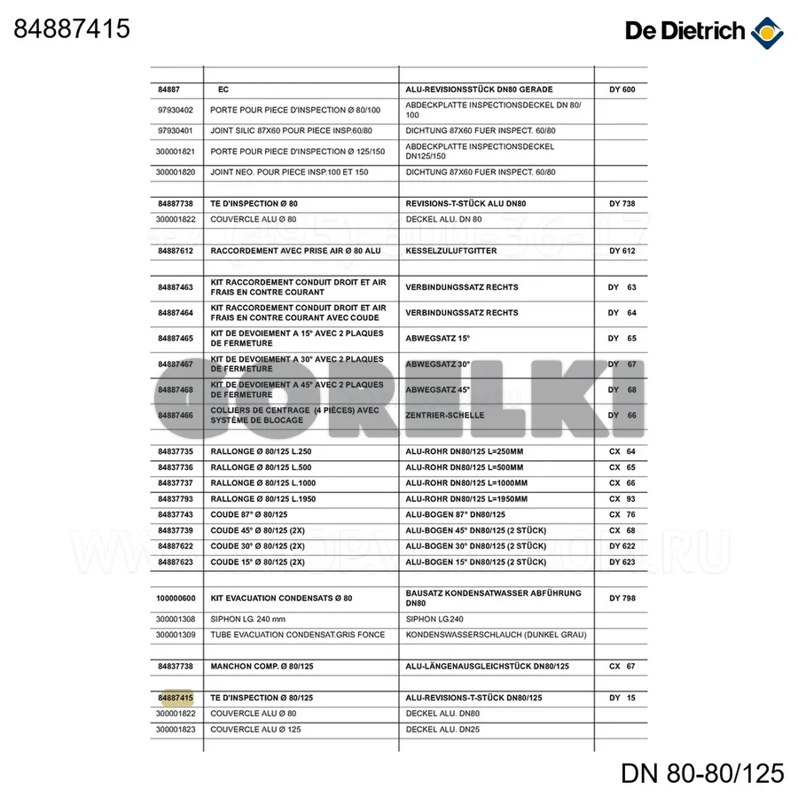 Тройник ревизионный алюминиевый d80/125 dy15 De Dietrich 84887415 для газового котла