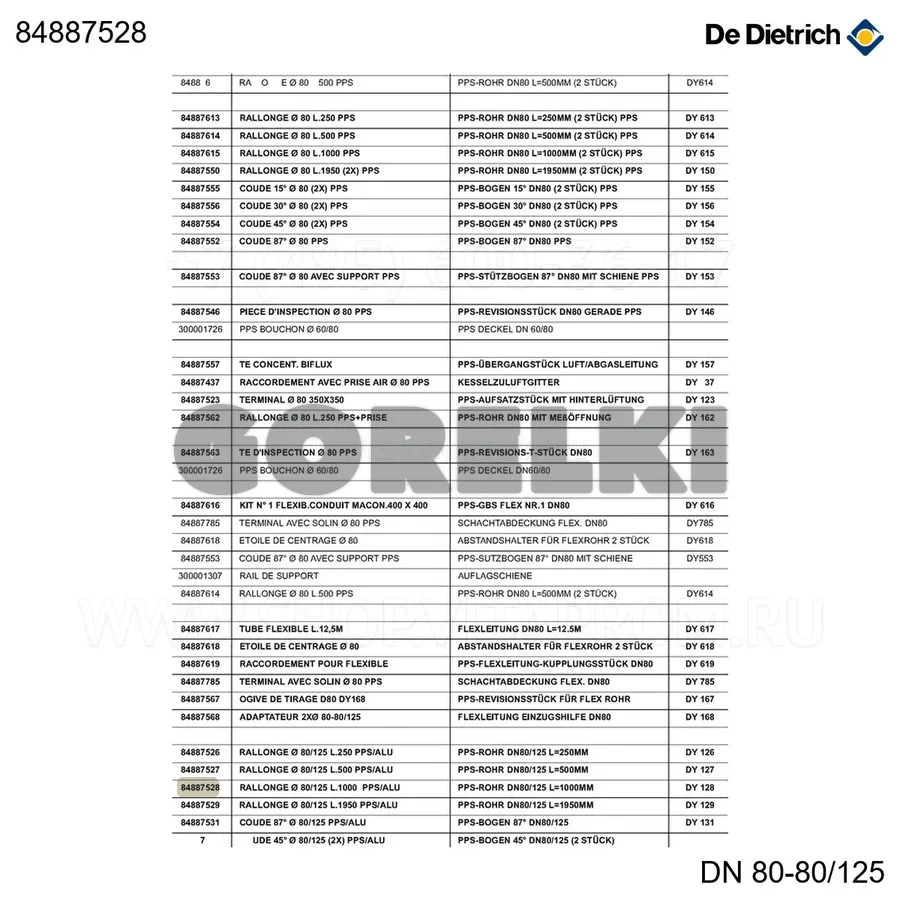 Удлинение De Dietrich D=80/125, L100 DY128 84887528 для газового котла