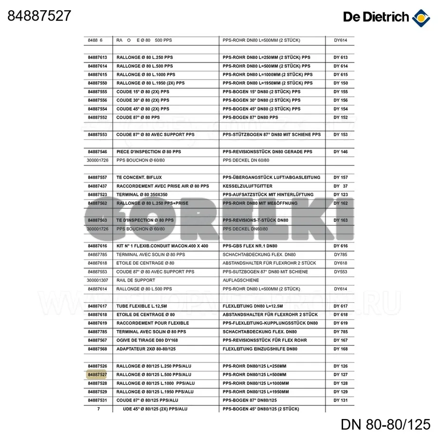 Удлинение De Dietrich D=80/125, L500 DY127 84887527 для газового котла